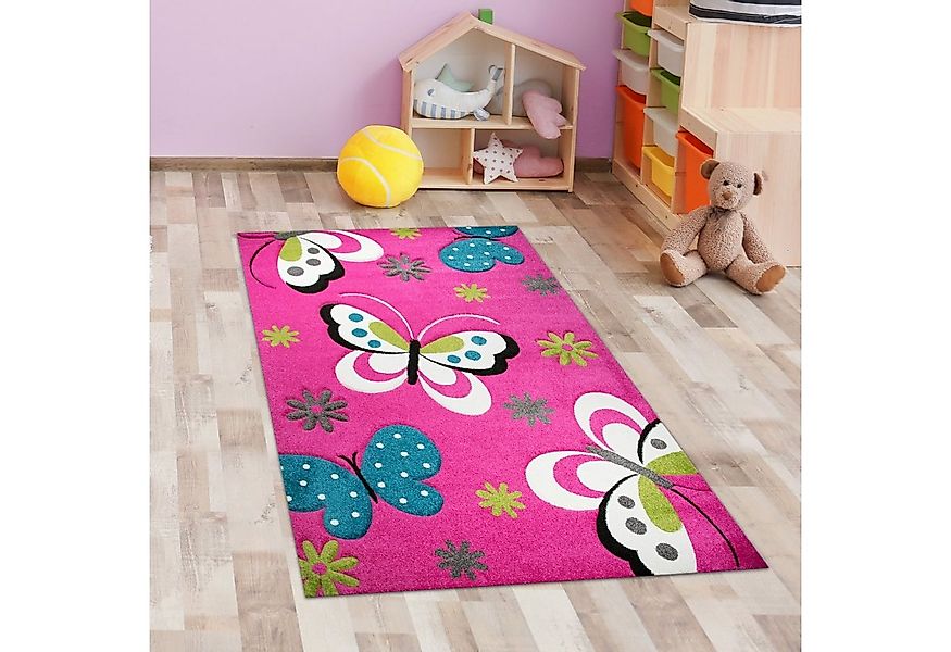 Carpetia Kinderteppich Bunter Kinderzimmerteppich mit Schmetterlingen in pi günstig online kaufen