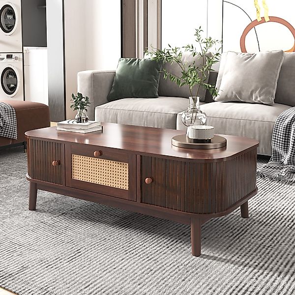 REDOM Couchtisch Eleganter Rattan-Couchtisch mit Massivholz-Türen günstig online kaufen