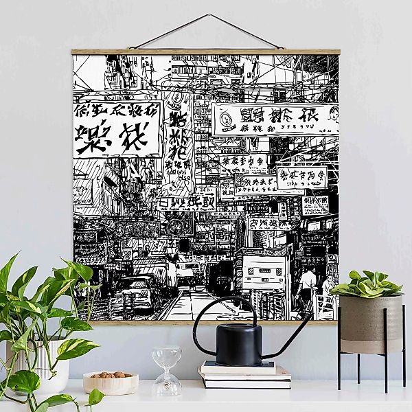 Stoffbild mit Posterleisten Schwarzweiße Zeichnung Asiatische Straße günstig online kaufen