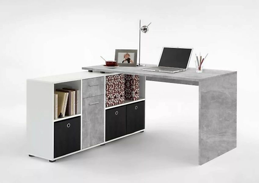 LEX 1 Schreibtisch Winkelkombi von FMD Beton / Weiß günstig online kaufen