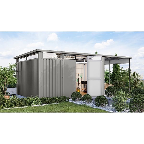 Karibu Gartenhaus Amato 4 m. Anbaudach Graualuminium 220 x 375,5 x 342 cm günstig online kaufen