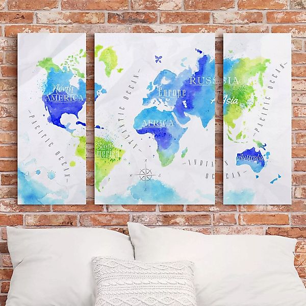 3-teiliges Leinwandbild Aquarell - Querformat Weltkarte Aquarell blau grün günstig online kaufen