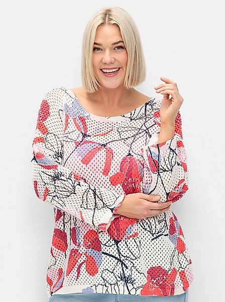 Sheego Strickpullover Pullover 3/4-Arm im Ajourstrick, mit Blumenmuster günstig online kaufen