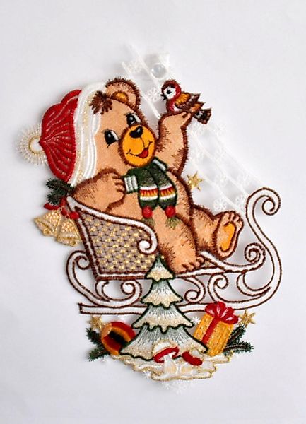 Stickereien Plauen Fensterbild "Teddy auf Schlitten" günstig online kaufen