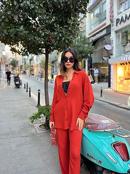 For You Moda Hosenanzug 3-teiliges Viskose-Crinkle-Bustier-Ziegel-Set günstig online kaufen