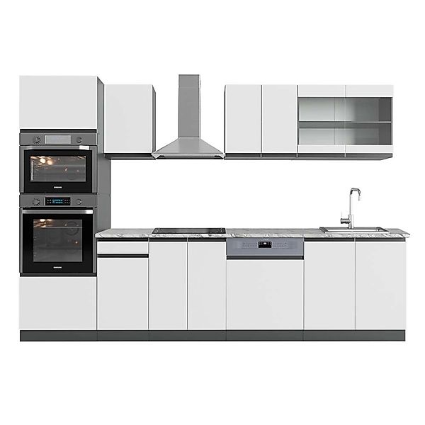 Vicco R-Line Küchenzeile Weiß/Anthrazit 300 cm mit HochschrankAP Marmor günstig online kaufen