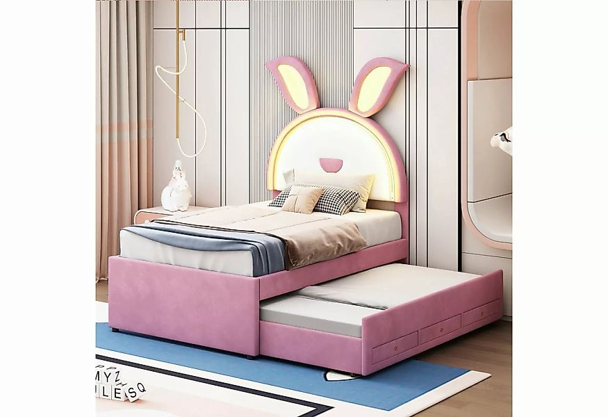 Flieks Polsterbett, LED Kinderbett 90x200cm mit Schubladen/ausziehbarem Bet günstig online kaufen