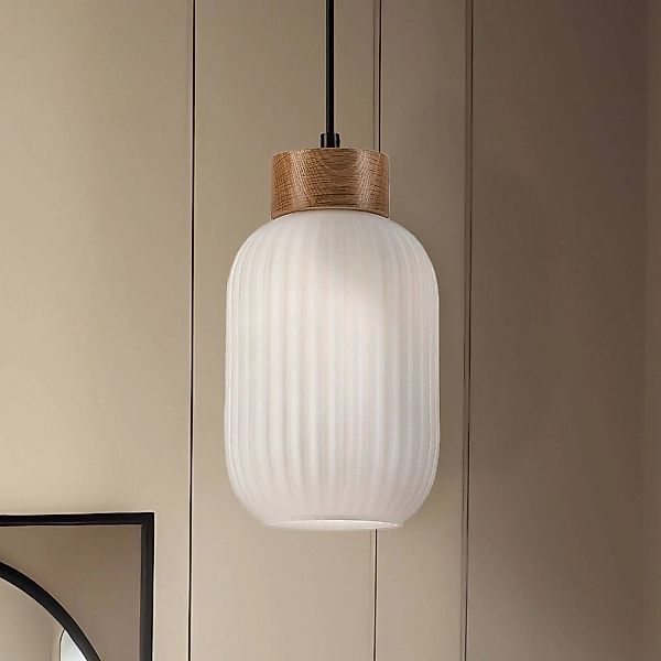 Hängeleuchte Harmony, Ø 14 cm, weiß/eiche, Glas/Holz günstig online kaufen