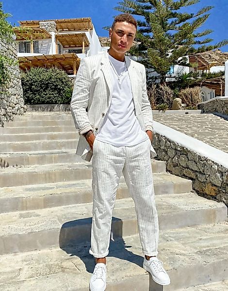 ASOS DESIGN wedding – Schmale Anzughose mit Nadelstreifen in Weiß günstig online kaufen