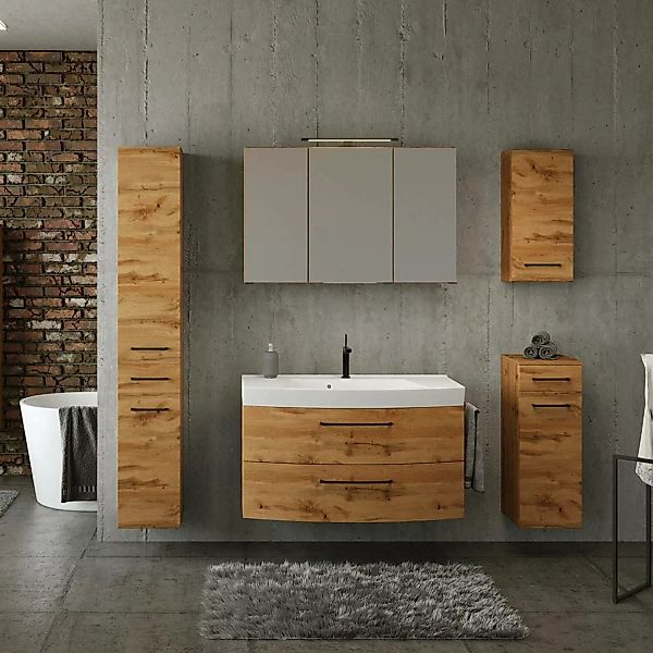 Badezimmermöbel Set Industrial Style 100 cm Waschtisch in Wotan Eiche Nb. i günstig online kaufen