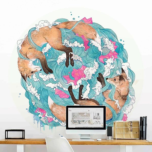 Runde Mustertapete selbstklebend Illustration Füchse und Wellen Malerei günstig online kaufen
