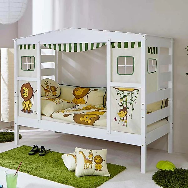 Jungen Kinderbett in Weiß Kiefer massiv Dschungel Design günstig online kaufen