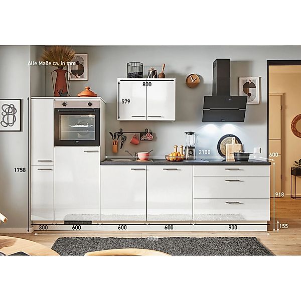 pino Küchenzeile 300 cm Weiß Hochglanz Anschlag,inks 1 Geräte-. 1 Seitensch günstig online kaufen