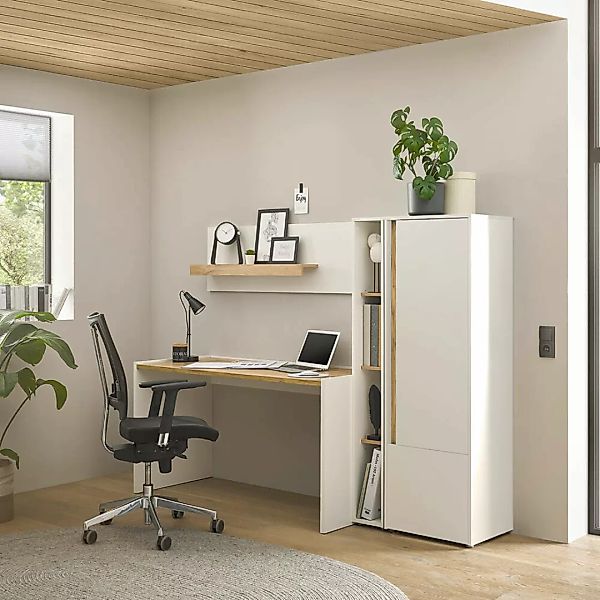 Büromöbel Set weiß mit Eiche CRISP-61 modern 4-teilig mit Schreibtisch günstig online kaufen