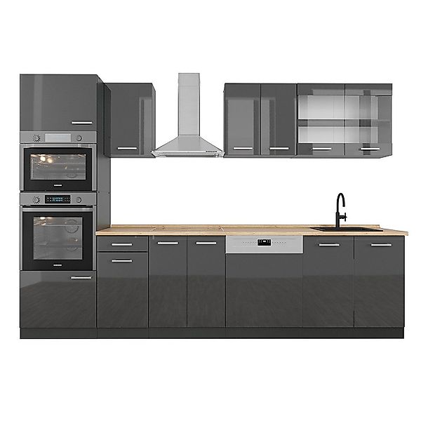 Vicco R-Line Küchenzeile Anthrazit Hochglanz/Anthrazit 300 cm mit Hochschra günstig online kaufen