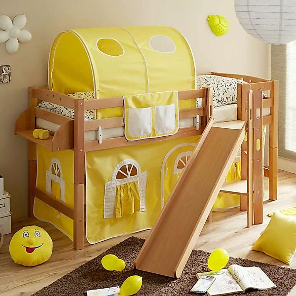 Kinder Hochbettgestell mit Rutsche Vorhang in Gelb günstig online kaufen