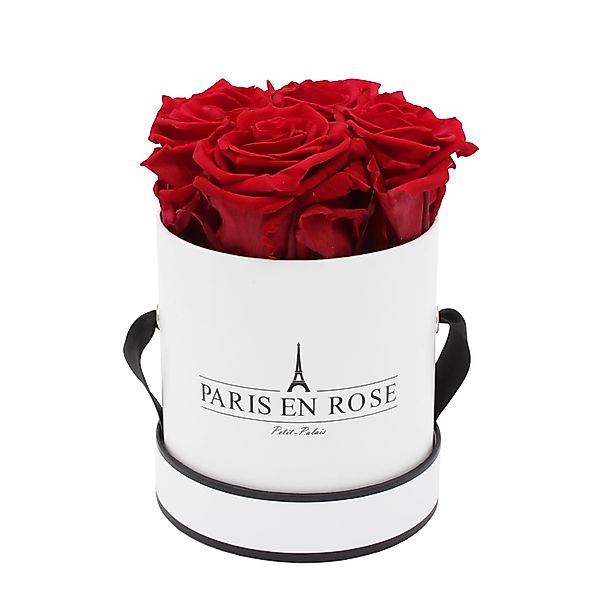 Rosenbox Ø 10 cm Weiß-Schwarz mit 4 Bordeaux Rosen günstig online kaufen