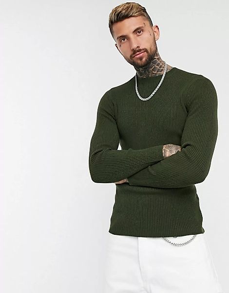 ASOS DESIGN – Enger, gerippter Pullover in Khaki-Grün günstig online kaufen