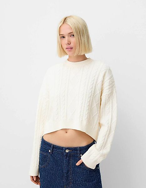 Bershka Pullover Mit Rundausschnitt Und Flechtmuster Damen Xs Rohweiß günstig online kaufen