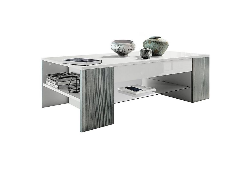 Vladon Couchtisch Clip (Wohnzimmertisch, mit 2 Seitenfächern und 1 Glasplat günstig online kaufen