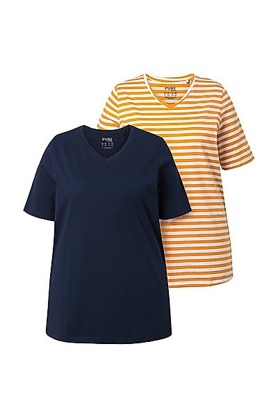 Ulla Popken T-Shirt T-Shirts 2er-Pack Ringel/uni V-Ausschnitt Halbarm günstig online kaufen