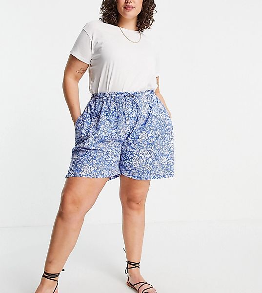 Only Curve – Shorts aus Baumwolle in Blau geblümt-Braun günstig online kaufen