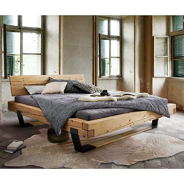 Massivholz Doppelbett, 200x200 cm, Fichte massiv, Holzkopfteil, schwarze Me günstig online kaufen