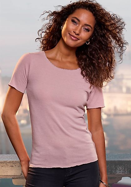 LASCANA Rundhalsshirt "mit feiner Glitzereinfassung", aus weichem Viskose-F günstig online kaufen