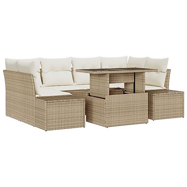 vidaXL Loungesofa 7-teiliges Garten Sofa Set mit Kissen Beige Poly Rattan, günstig online kaufen