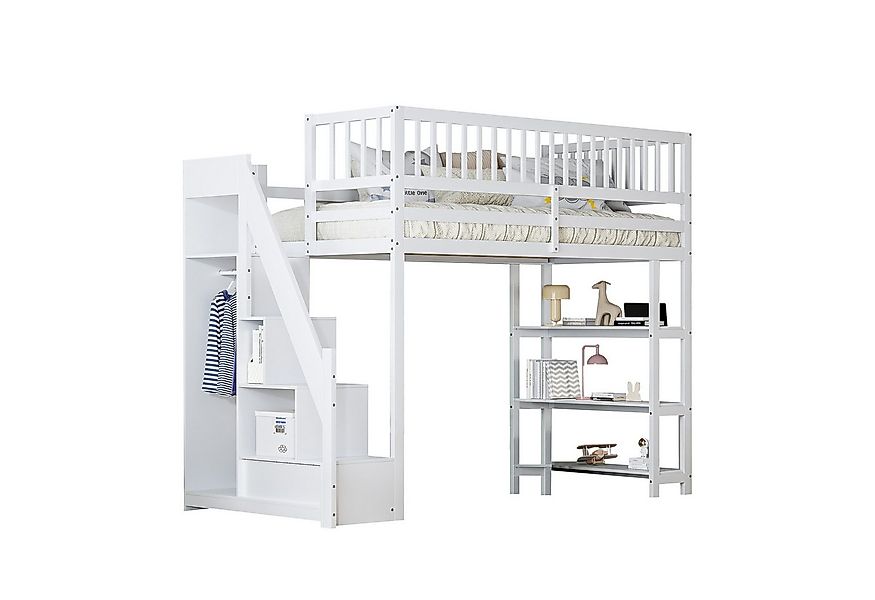 Flieks Hochbett Kinderbett 90x200cm mit Kleiderschrank, Regalen und Staurau günstig online kaufen