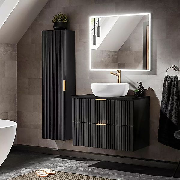 Badezimmer Möbel Set, schwarz matt gerillt, mit 80cm Waschtisch, Keramik Wa günstig online kaufen