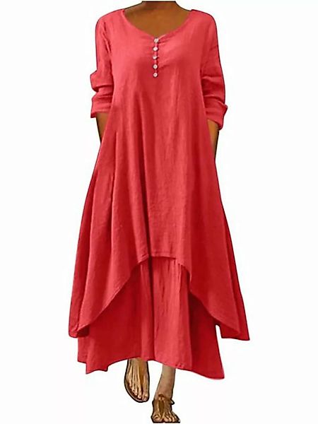 FIDDY Blusenkleid Damen Lange Bunte Robe mit Taschen Lose Langarm V-Ausschn günstig online kaufen