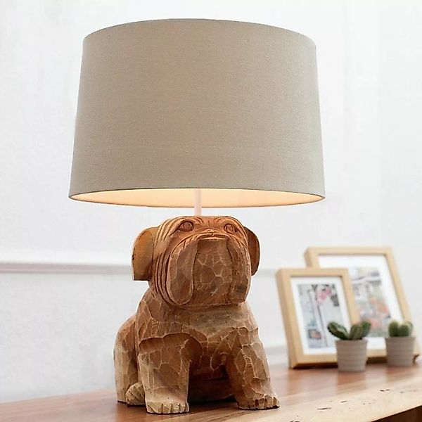 Handgeschnitzte Tischlampe Hund Bulldogge RANDY Wei? aus Walnu? Massivholz günstig online kaufen