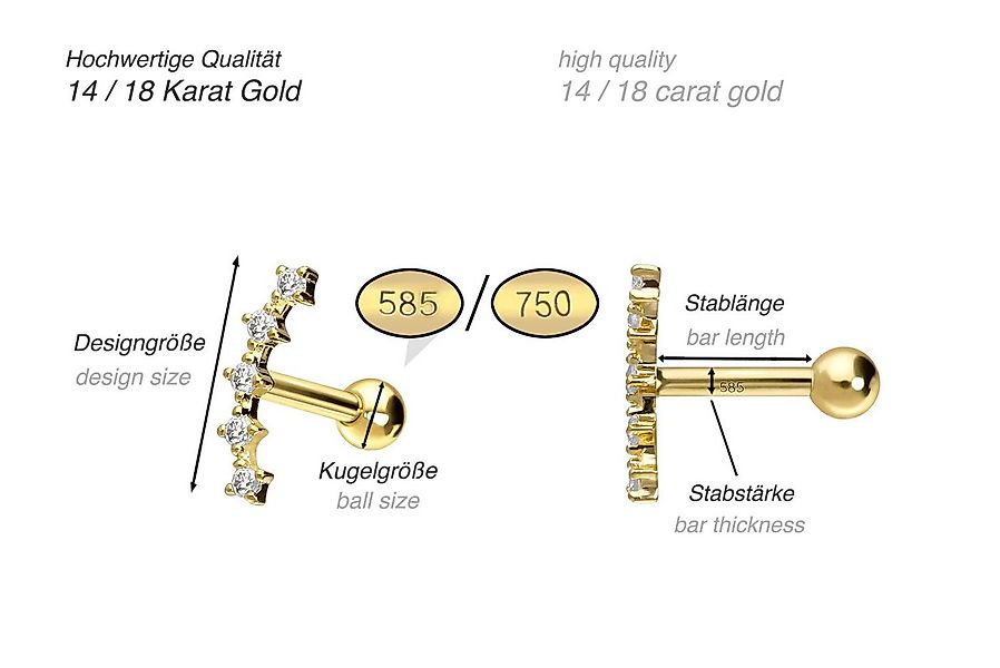 PIERCINGLINE Piercing-Set 14/18 Karat Gold Ohrpiercing 5 EINGEFASSTE MOISSA günstig online kaufen