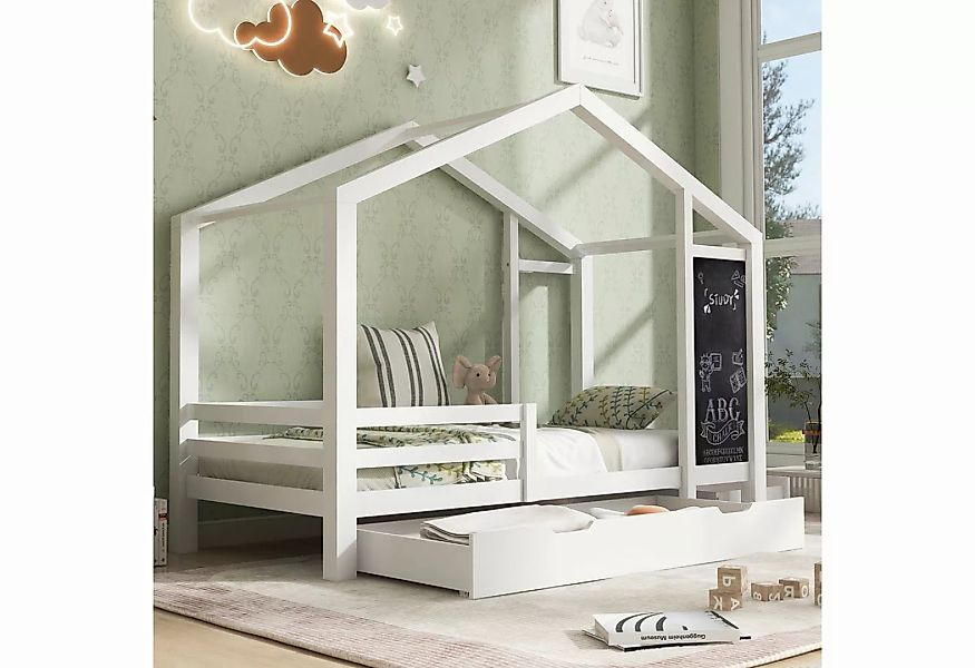 Celya Kinderbett Hausbett 90 x 200 cm, Holzbett mit Tafel und 2 Schubladen, günstig online kaufen