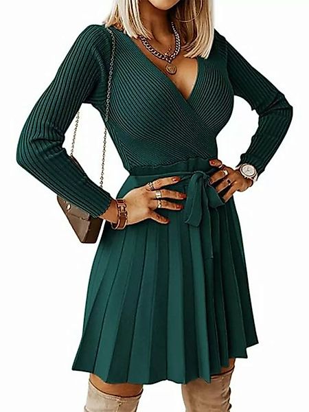 KIKI A-Linien-Kleid Damen Pullover Kleid Winter Langarm V-Ausschnitt Strick günstig online kaufen