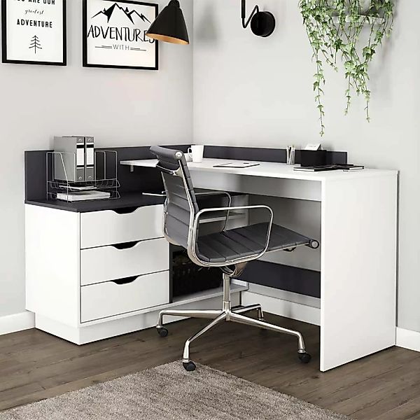 Schreibtischkombination Ecke in Weiß und Anthrazit drei Schubladen günstig online kaufen