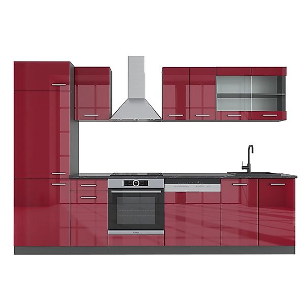 Vicco R-Line Küchenzeile Bordeaux Hochglanz/Anthrazit 300 cm ohne Arbeitspl günstig online kaufen