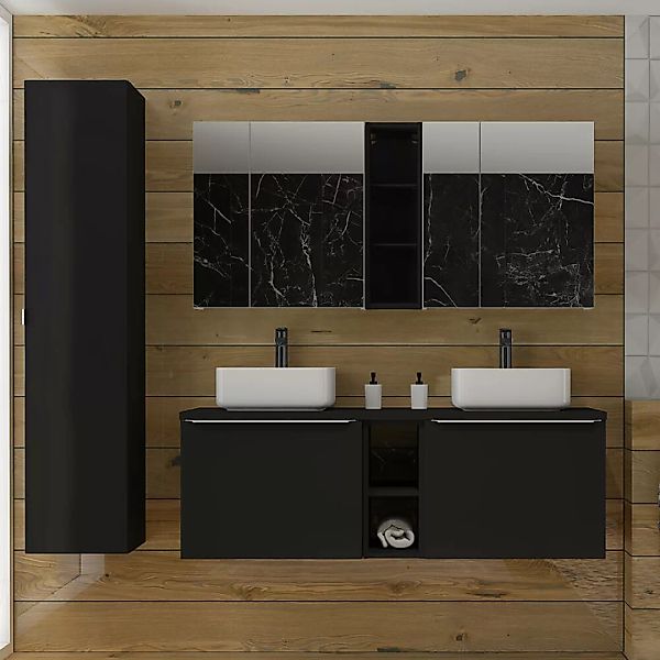 Badmöbel Set, 140cm Waschtisch, 3-teilig, matt schwarz, PUEBLA-56-BLACK günstig online kaufen
