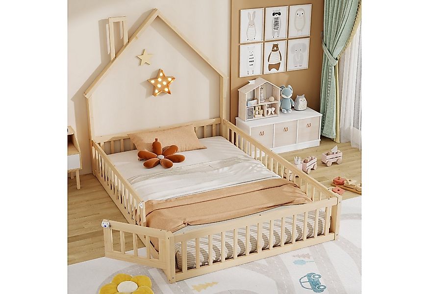 REDOM Kinderbett Lattenrost, Schornsteinform und Kiefernholz (Hausbett Holz günstig online kaufen