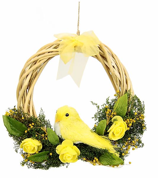 Kunstkranz Mit Blüten, Vogel und Schleife, I.GE.A., Höhe 20 cm, aus Rattan, günstig online kaufen