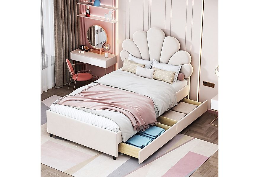 Flieks Polsterbett, Einzelbett Blumenform-Kopfteil Samt 90x200cm mit 2 Schu günstig online kaufen