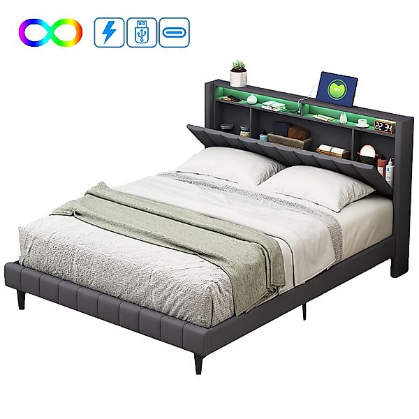 FUROKOY Polsterbett LED Doppelbett mit Ladefunktion, günstig online kaufen