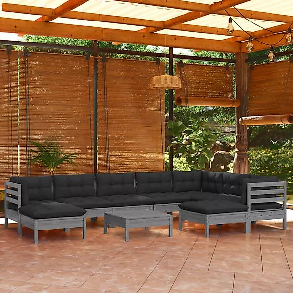 10-tlg. Garten-lounge-set Mit Kissen Grau Kiefer Massivholz günstig online kaufen