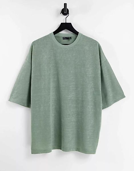 ASOS DESIGN – Oversize-T-Shirt in Leinenoptik mit halblangen Ärmeln in Khak günstig online kaufen