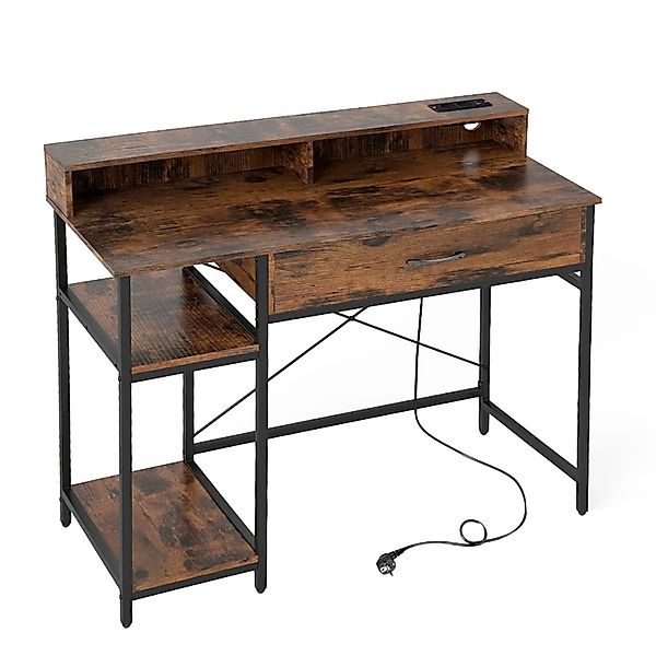 Costway Schreibtisch mit Steckdosen & Schublade & Abnehmbarem Regal Braun günstig online kaufen