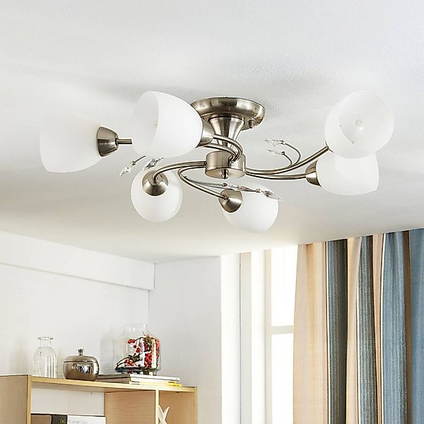 Lindby Deckenleuchte Tatas, Ø 64 cm, nickel, 6-flammig, Glas günstig online kaufen