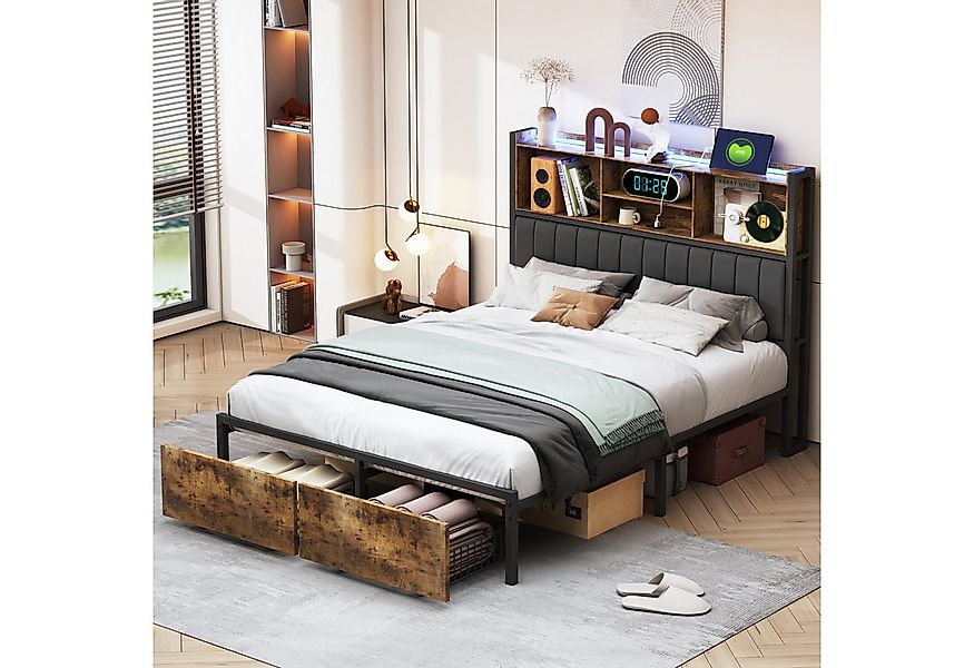 NMCXXO Polsterbett Moderner Polsterbett mit Regal & LED-Beleuchtung (Für Ju günstig online kaufen