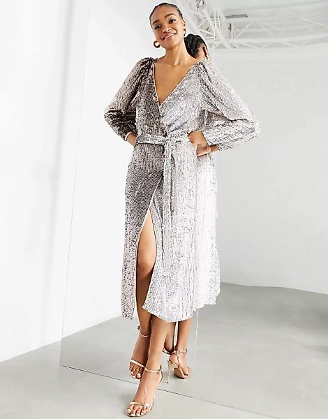 ASOS EDITION – Silbernes Wickelkleid mit Pailletten im Farbverlauf günstig online kaufen
