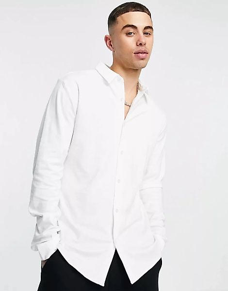 River Island – Langärmliges Jersey-Hemd in Weiß günstig online kaufen